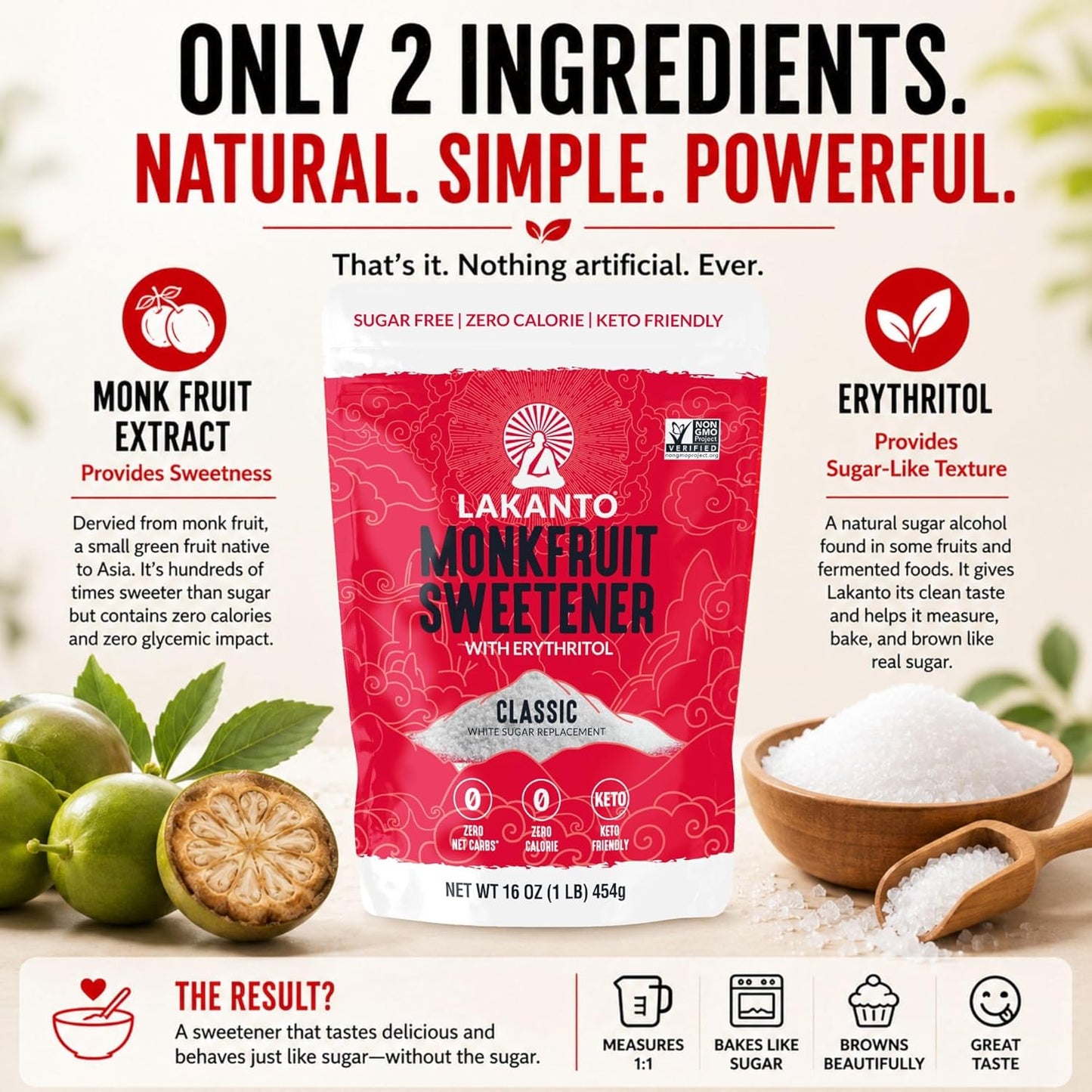 Lakanto Monk Fruit Sweetener With Erythritol - 1 LB Bag