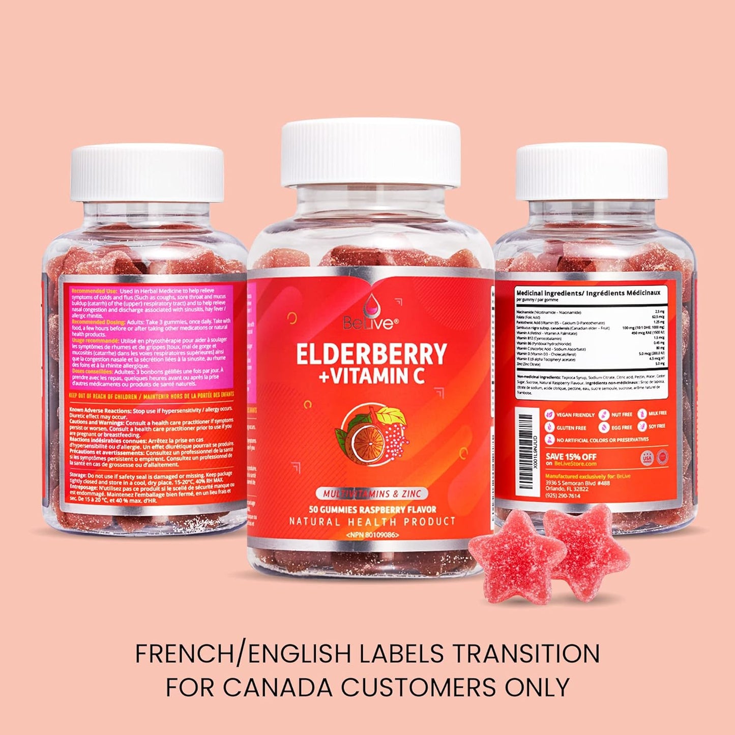 BeLive Elderberry Gummies with Vitaminc C, Propolis, Echinacea 50 Count