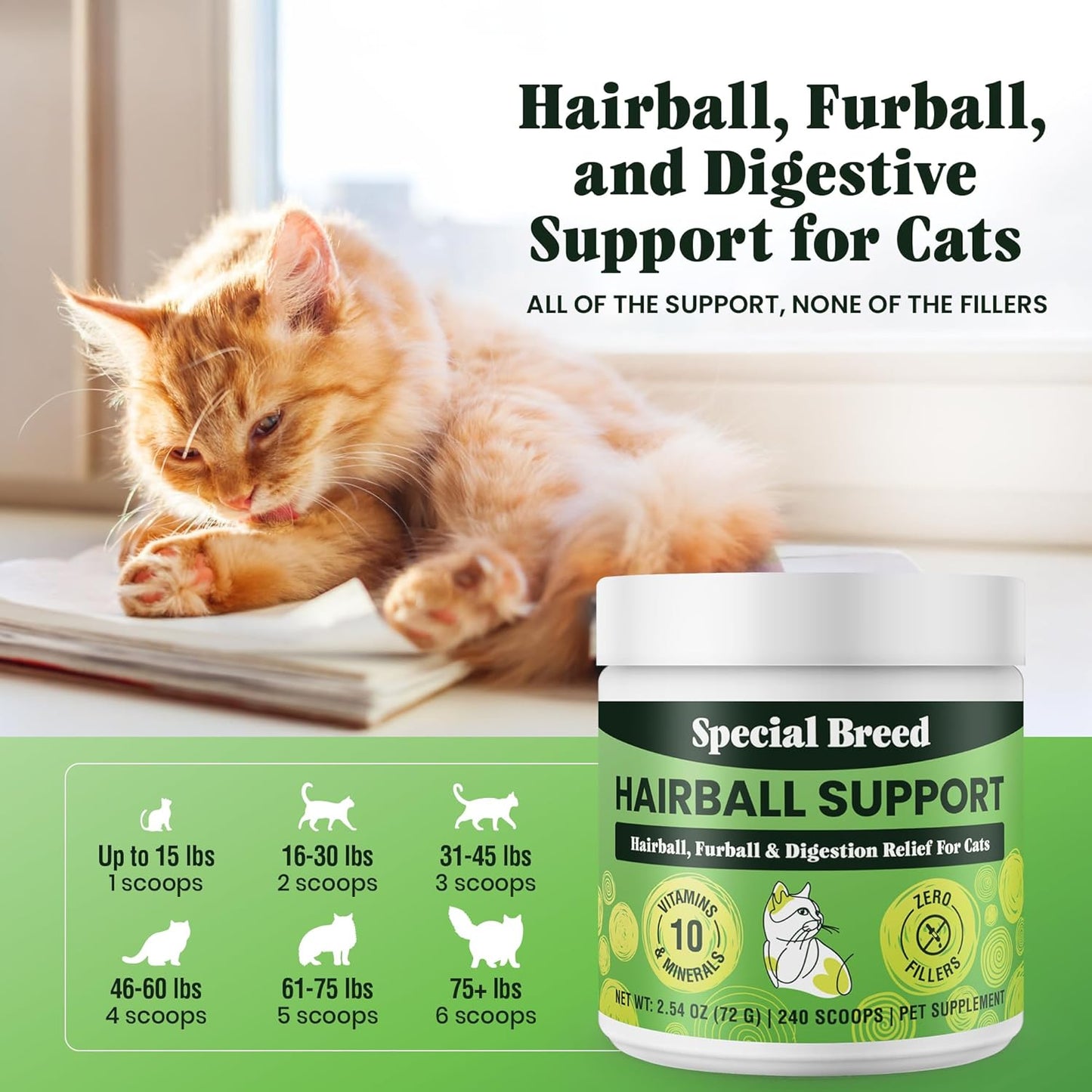 Hairball Support for Cats - 10 Super Ingredients for Hairball Relief -240 Scoops