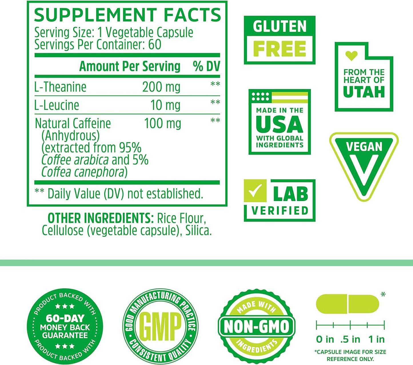 Zhou Natural Caffeine Pills 100mg with L-Theanine 60 Capsules