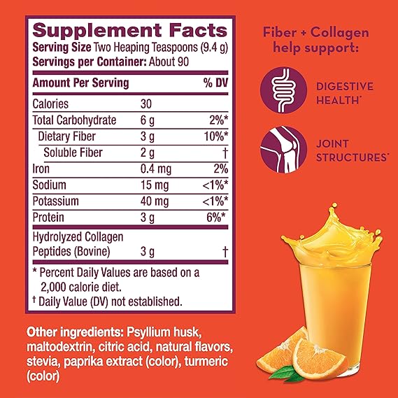 Metamucil Daily Fiber + Collagen, Psyllium Husk Powder, Sugar-Free with , Orange Flavored, 90 Doses