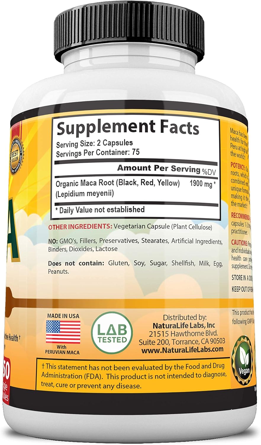 Organic Maca Root Black, Red, Yellow - 150 Vegan Capsules