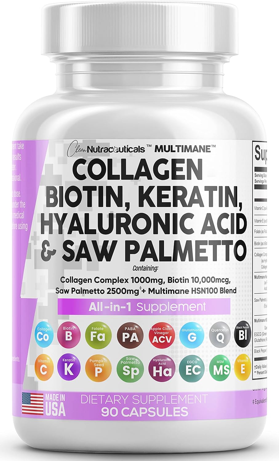 Collagen Pills Biotin , Keratin Saw Palmetto 90 Count
