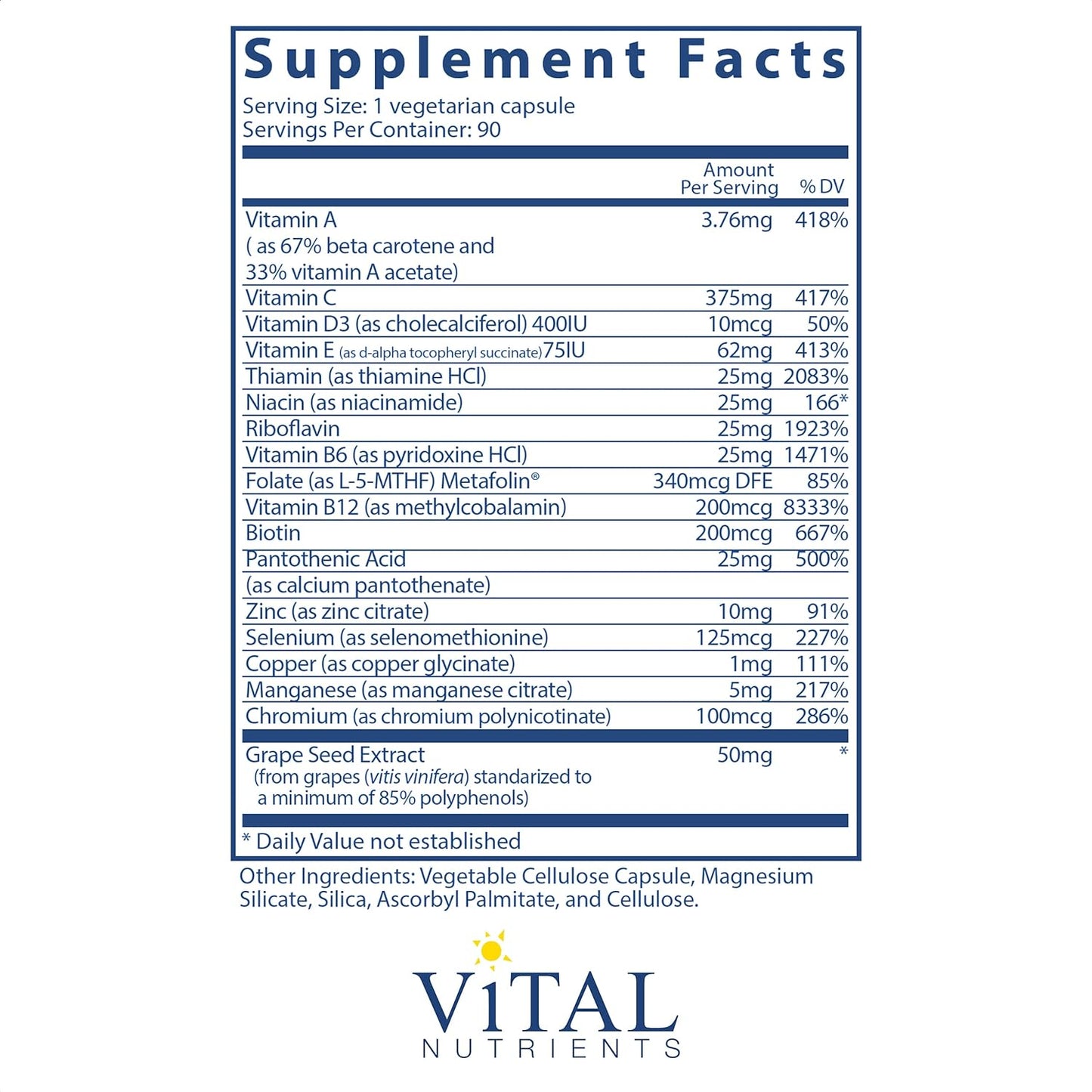 Vital Nutrients Minimal and Essential Multivitamin 90 Capsules