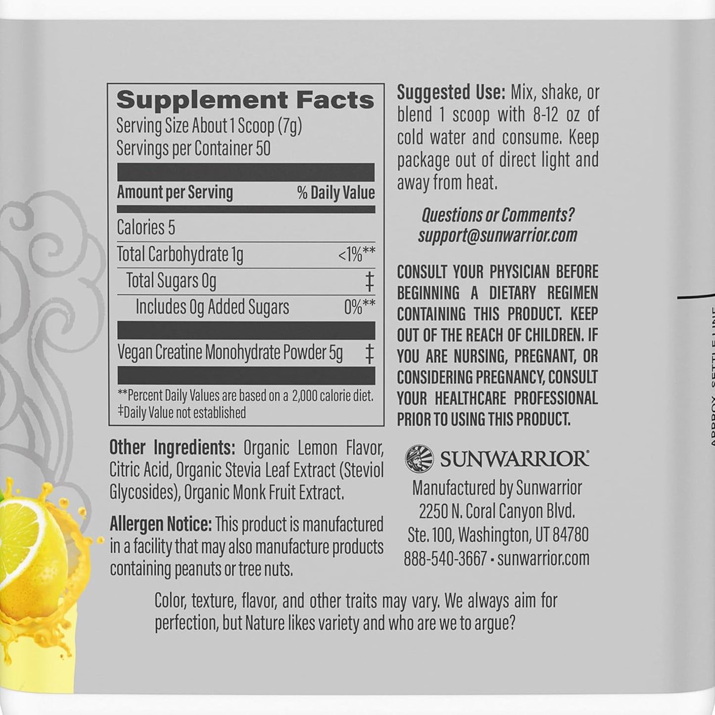 Sunwarrior Creatine Monohydrate Powder Lemonade Flavor -12.34 oz