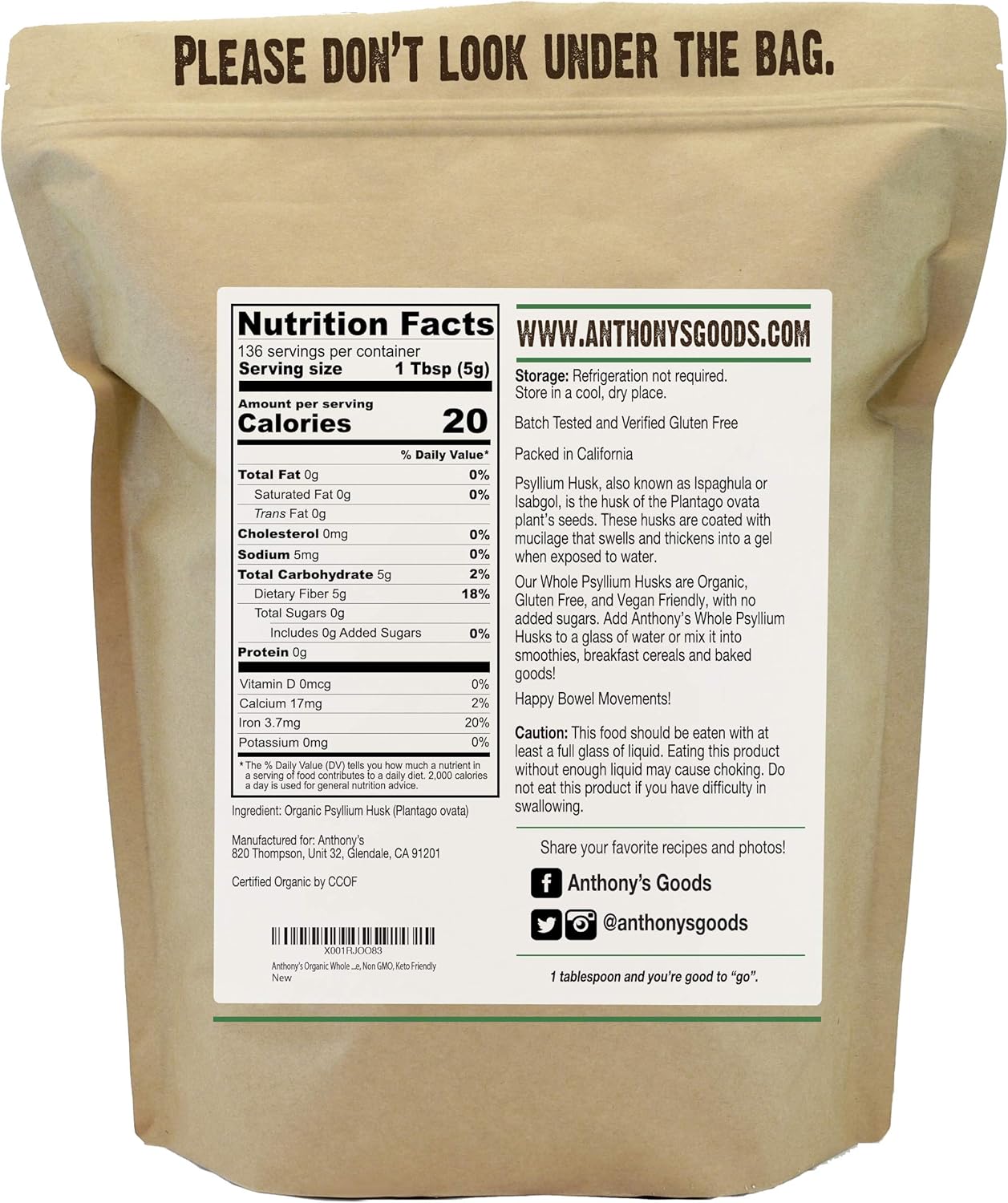 Anthony's Organic Whole Psyllium Husks, 1.5 lb
