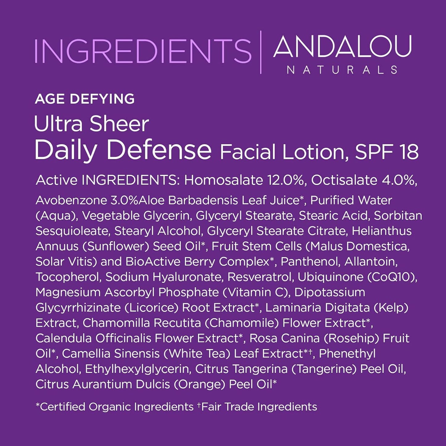 Andalou Naturals Ultra Sheer Daily Defense Facial Lotion, SPF 18, 2.7 oz