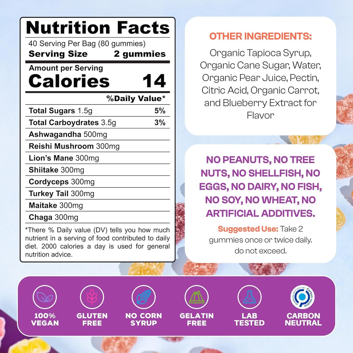 Ashwagandha & Lion's Mane, 80 Organic Mushroom Gummies