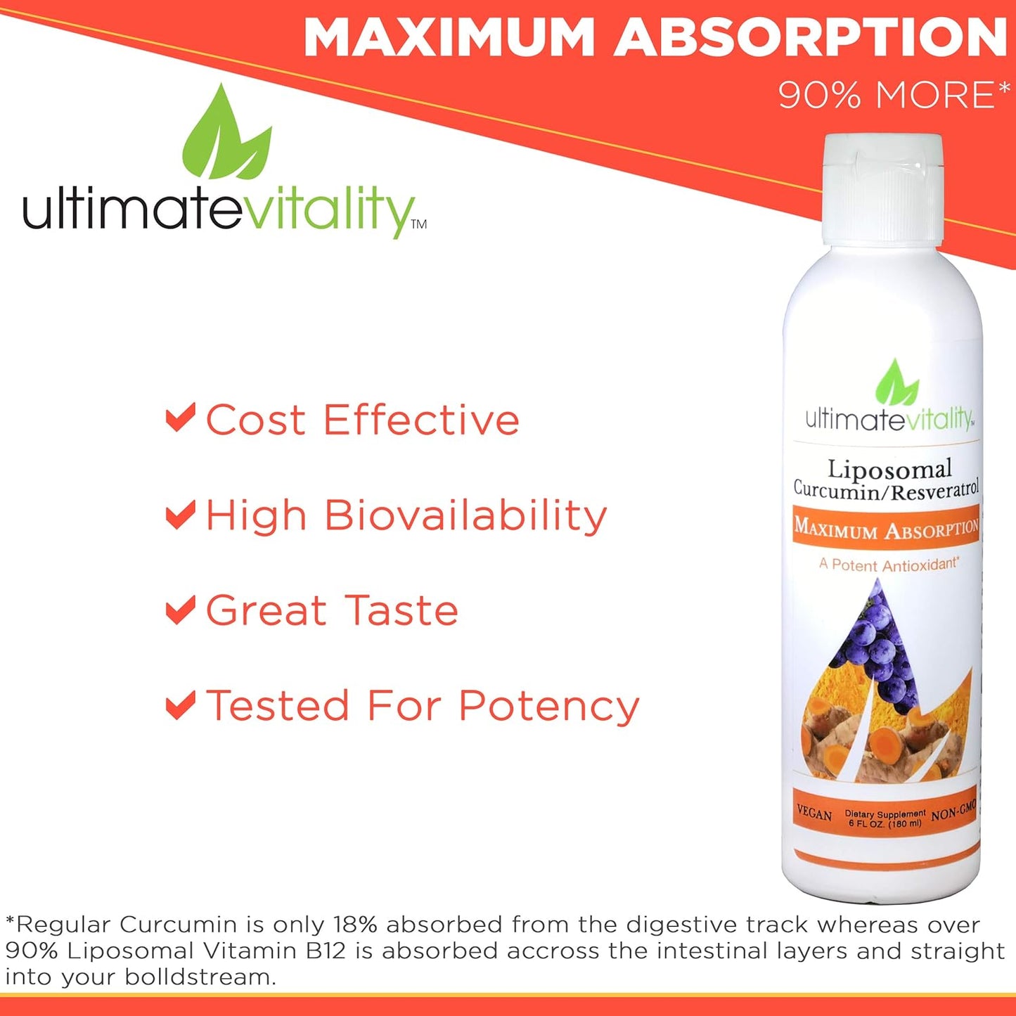 UltimateVitality Liposomal Curcumin Liquid, Liposomal Enhanced with Resveratrol 6 FL oz