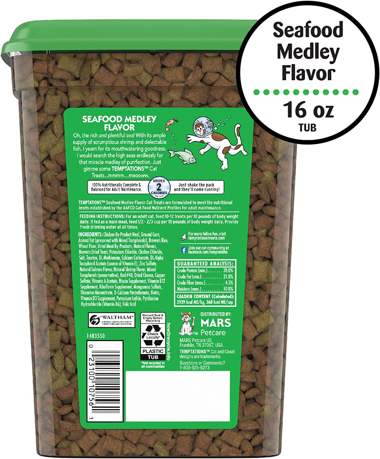 TEMPTATIONS Classic Crunchy and Soft Cat Treats Seafood Medley Flavor, 16 oz. Tub