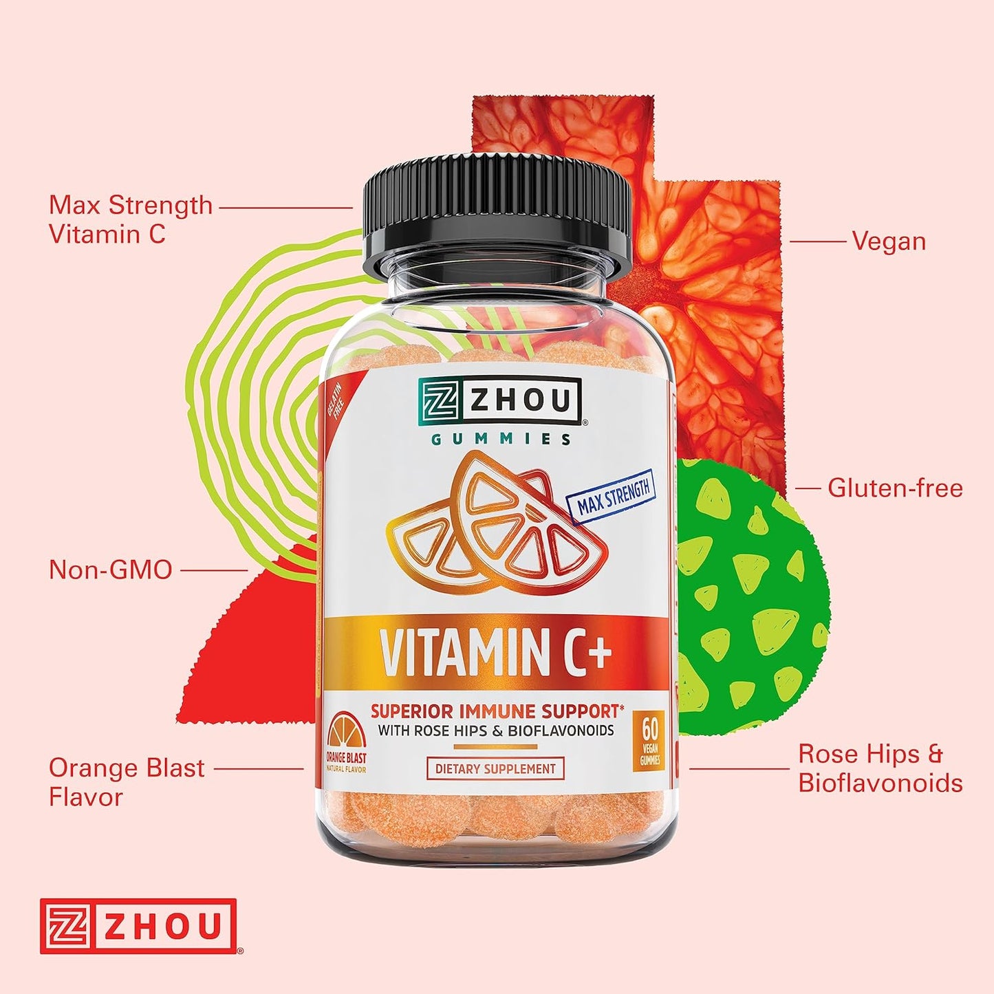 Zhou Nutrition Vitamin C+ Rapid Immunity Booster Gummies, Orange, 60 Count