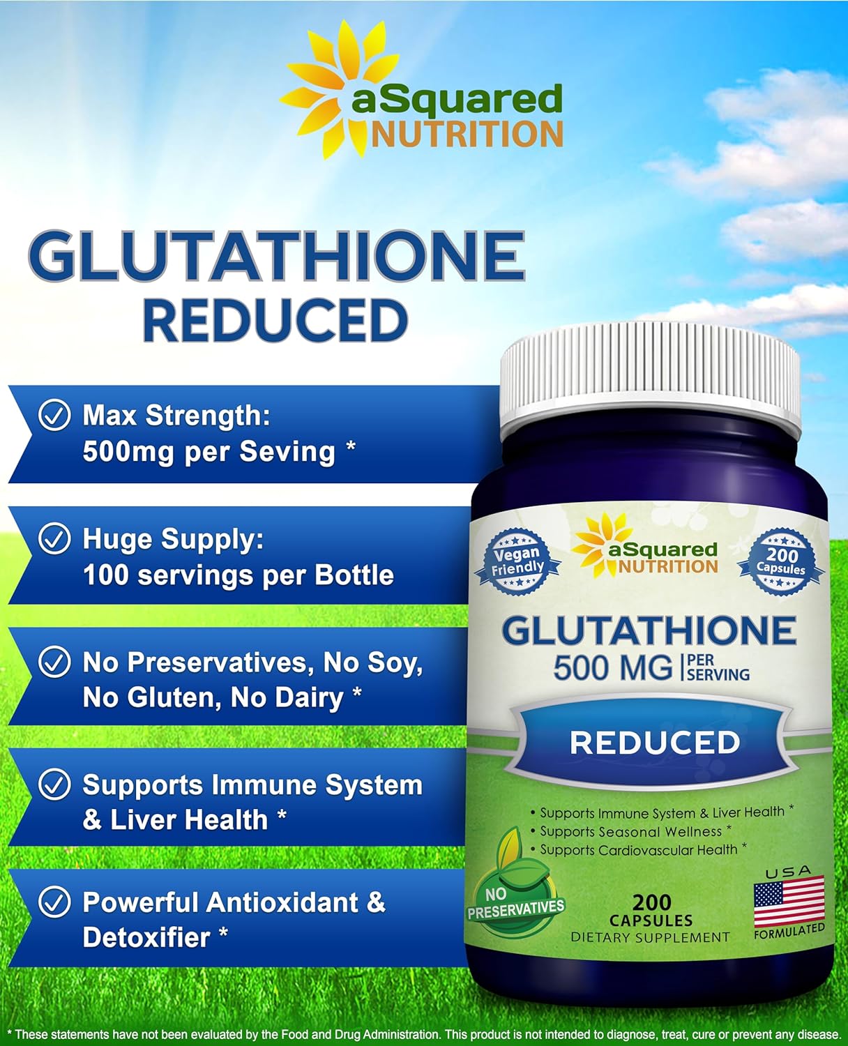 aSquared Nutrition Reduced Glutathione 500mg Supplement -200 Capsules