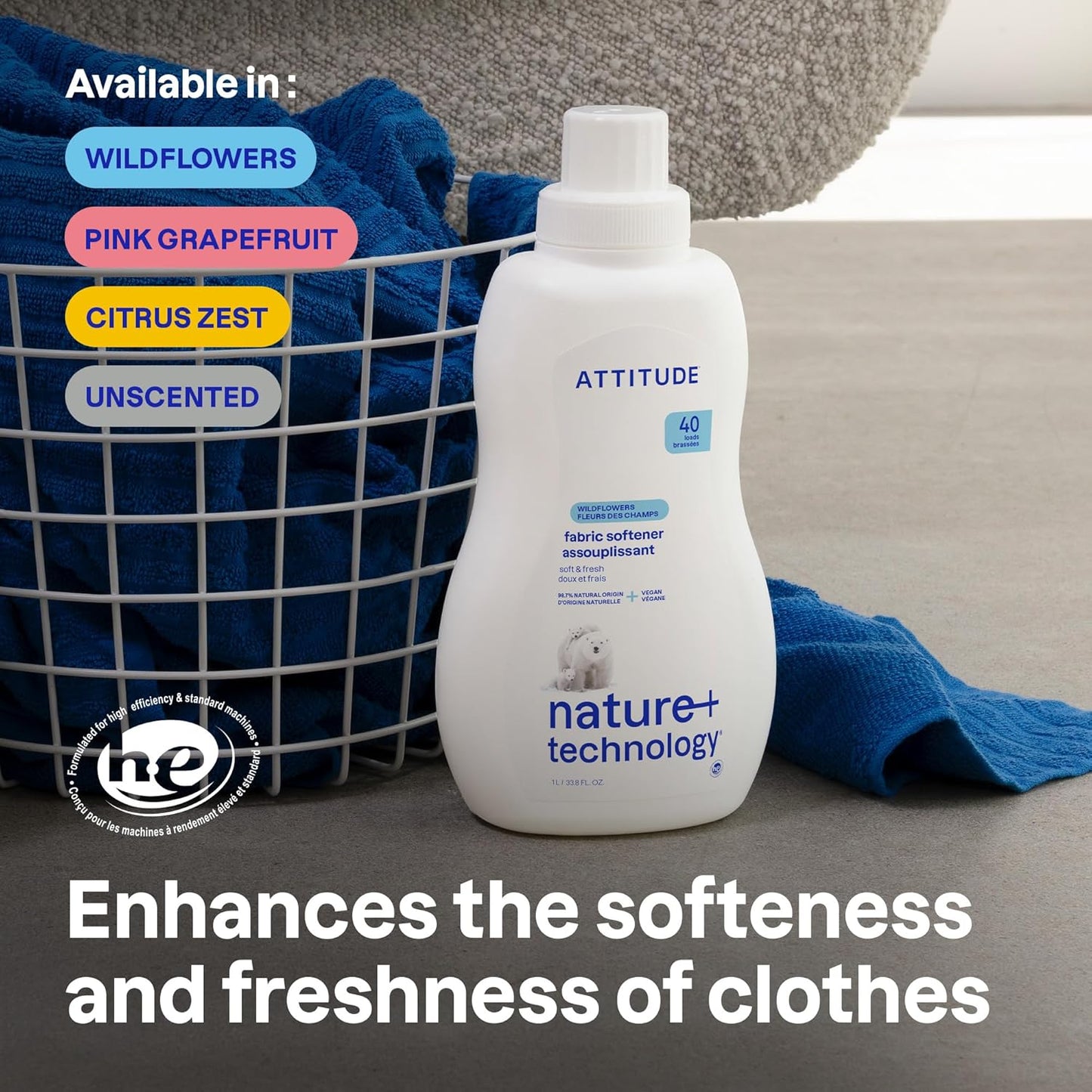 ATTITUDE Laundry Fabric Softener, Naturally Derived Detergent - 33.8 fl oz