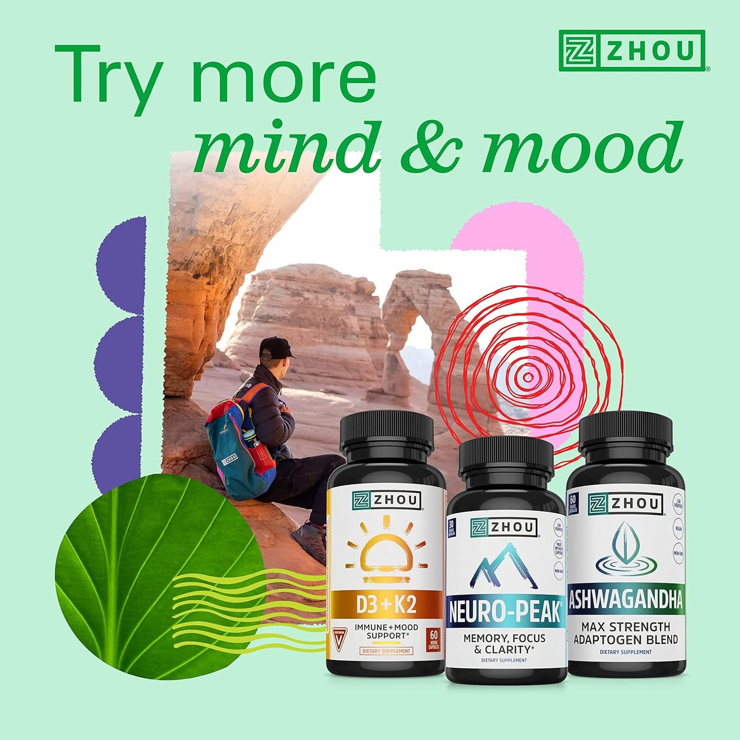 Zhou Natural Caffeine Pills 100mg with L-Theanine 60 Capsules