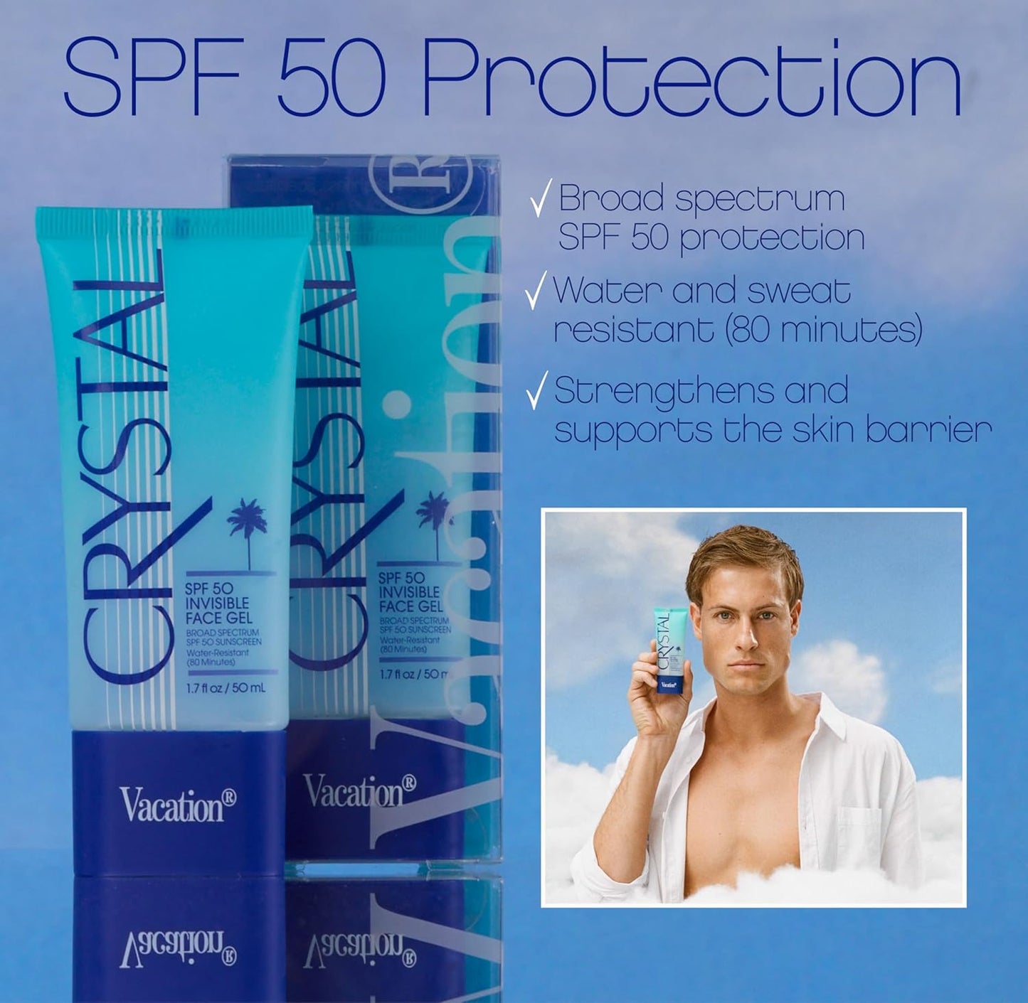 Vacation Crystal SPF 50 Face Gel, Clear Sunscreen, 1.7 Fl. Oz.