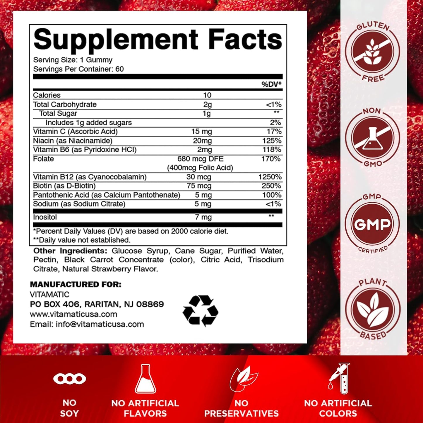 Vitamatic Vitamin B Complex - Natural Strawberry Flavor - 60 Gummies
