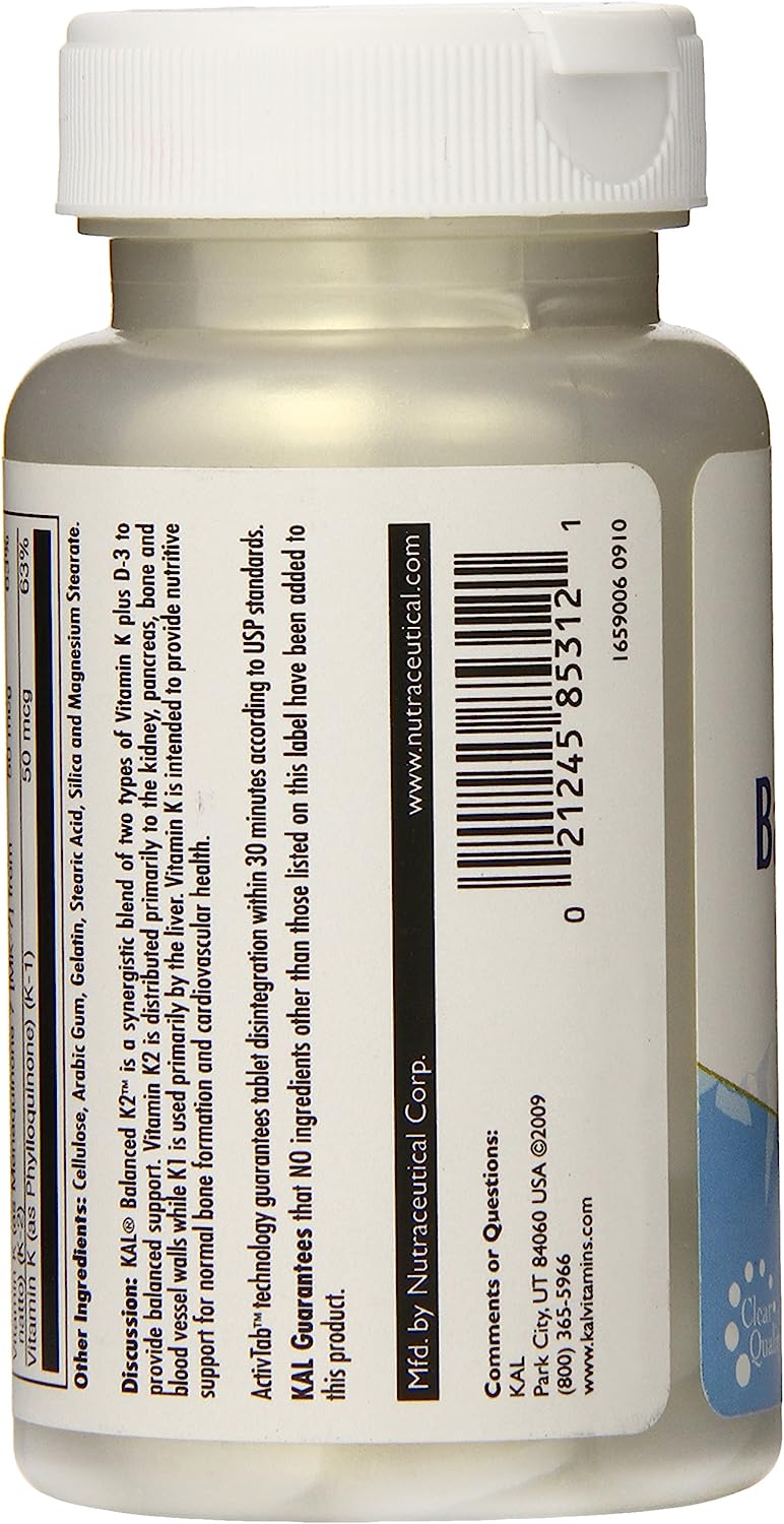 KAL Balanced K2 Plus D-3 Tablets, 100 mcg, 60 Count