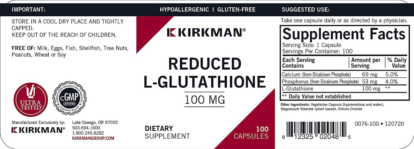 Kirkman Reduced L-Glutathione 100 mg - Hypoallergenic | 100 Vegetarian Capsules | Antioxidant