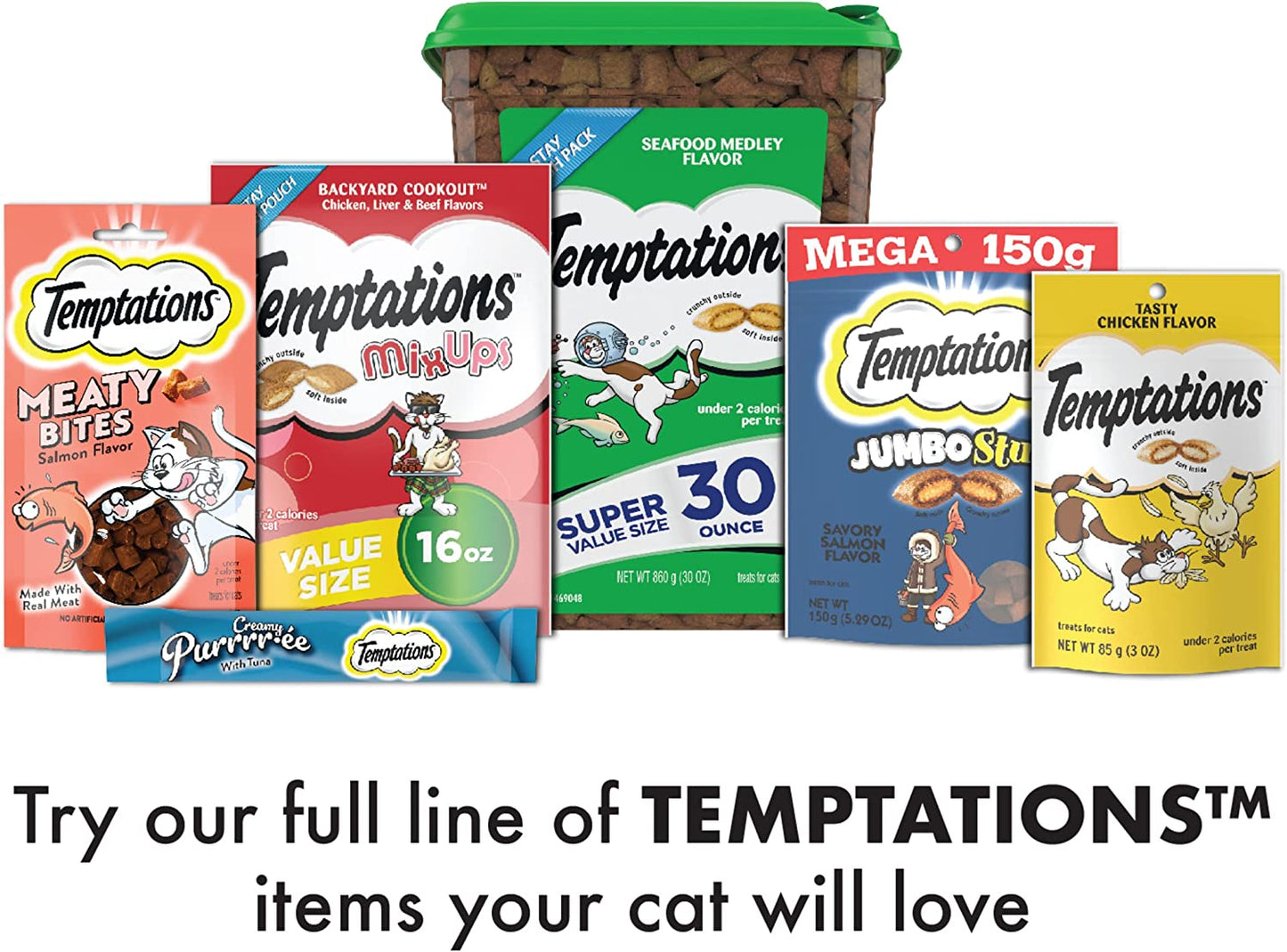 TEMPTATIONS Classic Crunchy and Soft Cat Treats Seafood Medley Flavor, 16 oz. Tub