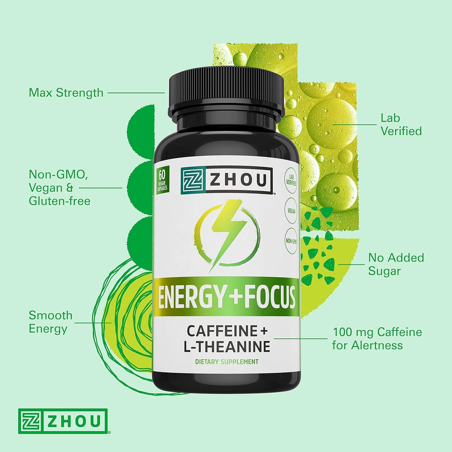 Zhou Natural Caffeine Pills 100mg with L-Theanine 60 Capsules