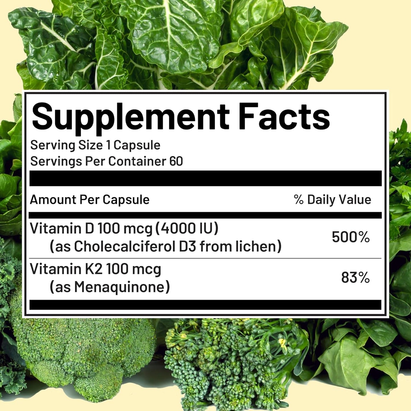 Vegan Vitamin D3 + K2 4000IU with Coconut Oil, 60 Capsules