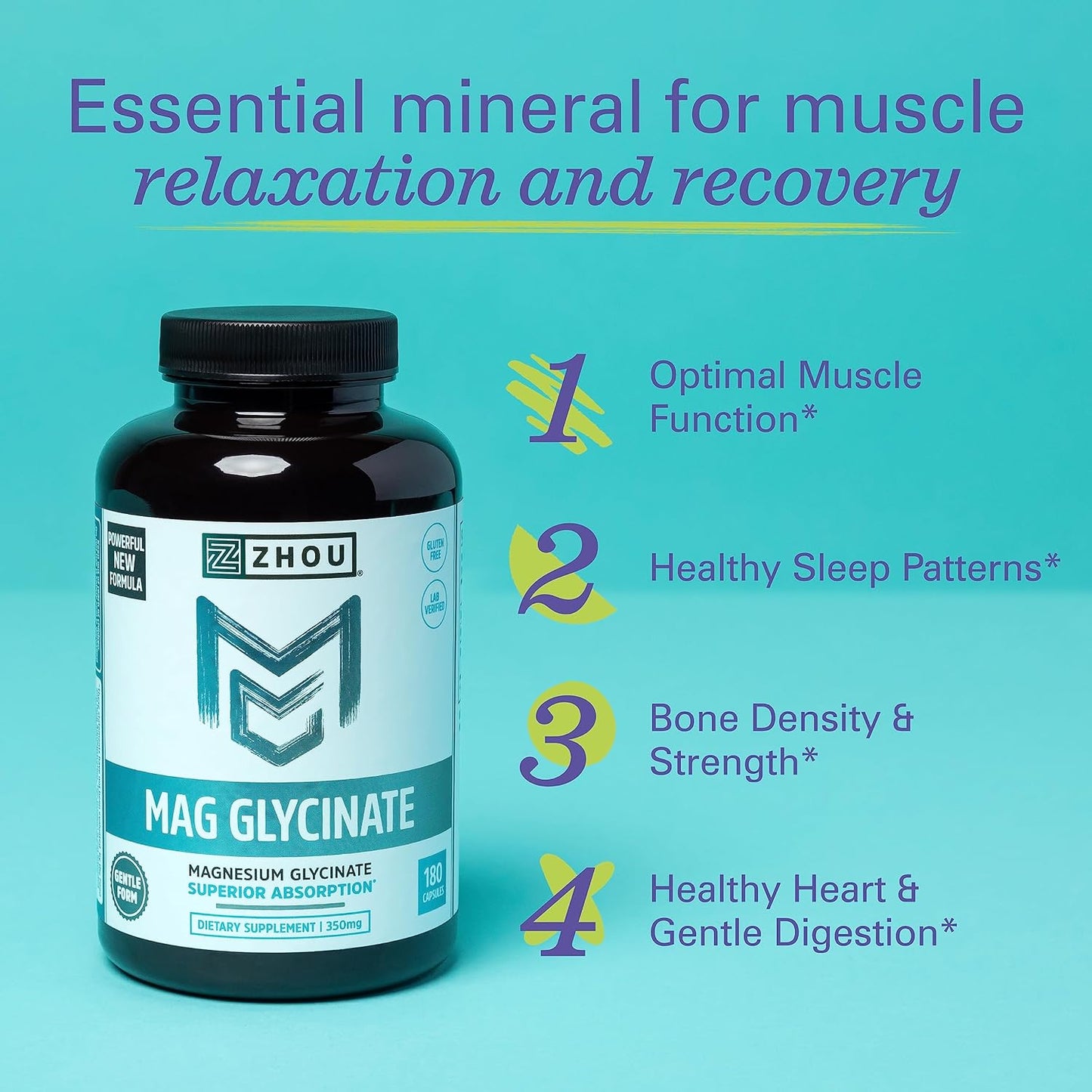Zhou Magnesium Glycinate Complex Time-Release Absorption, 180 Capsules
