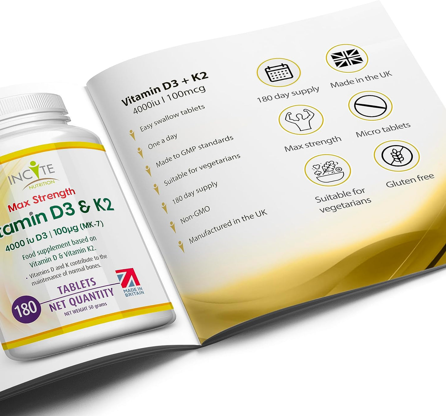 Vitamin D3 K2 (MK7) - Vitamin D3 & Vitamin K2-180 Tablets