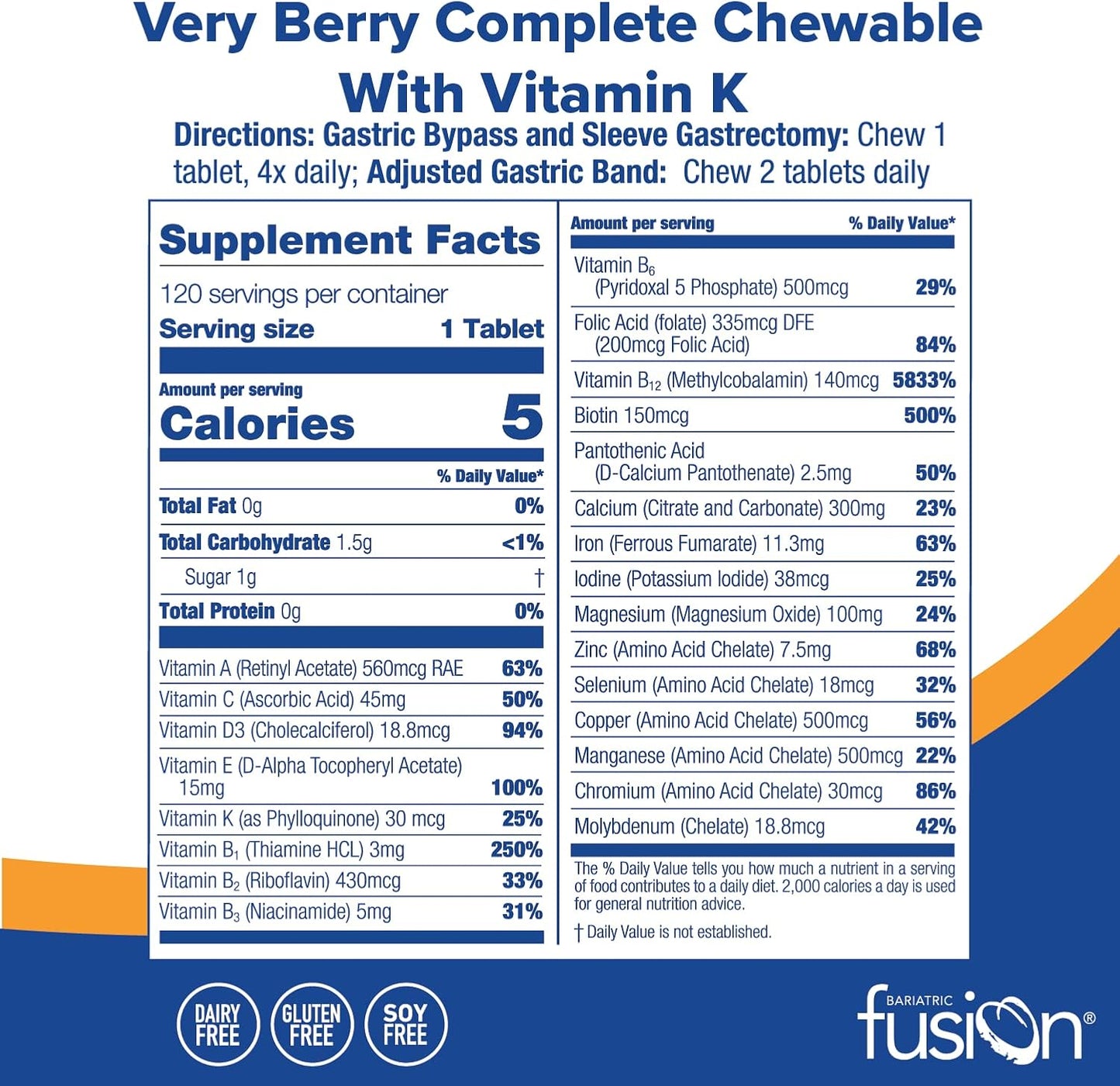 Bariatric Fusion Very Berry Complete Chewable Multivitamin with Iron and Vitamin K- 120 Tablets