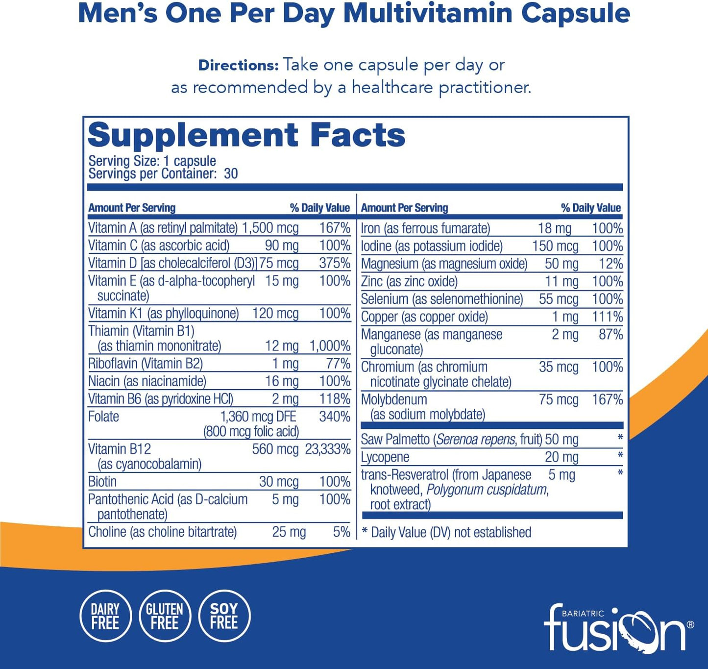 Bariatric Fusion One Per Day Multivitamin with Iron for Men - 30 Capsules