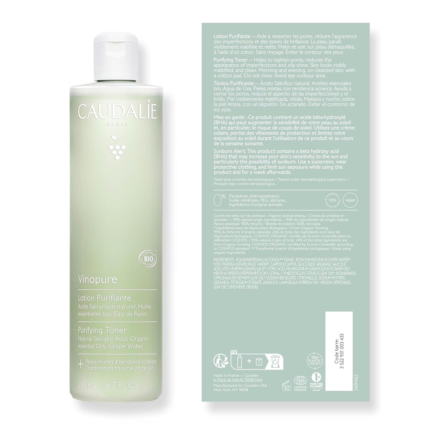 Caudalie Vinopure Natural Salicylic Acid Pore Minimizing Toner, 6.7 Ounce