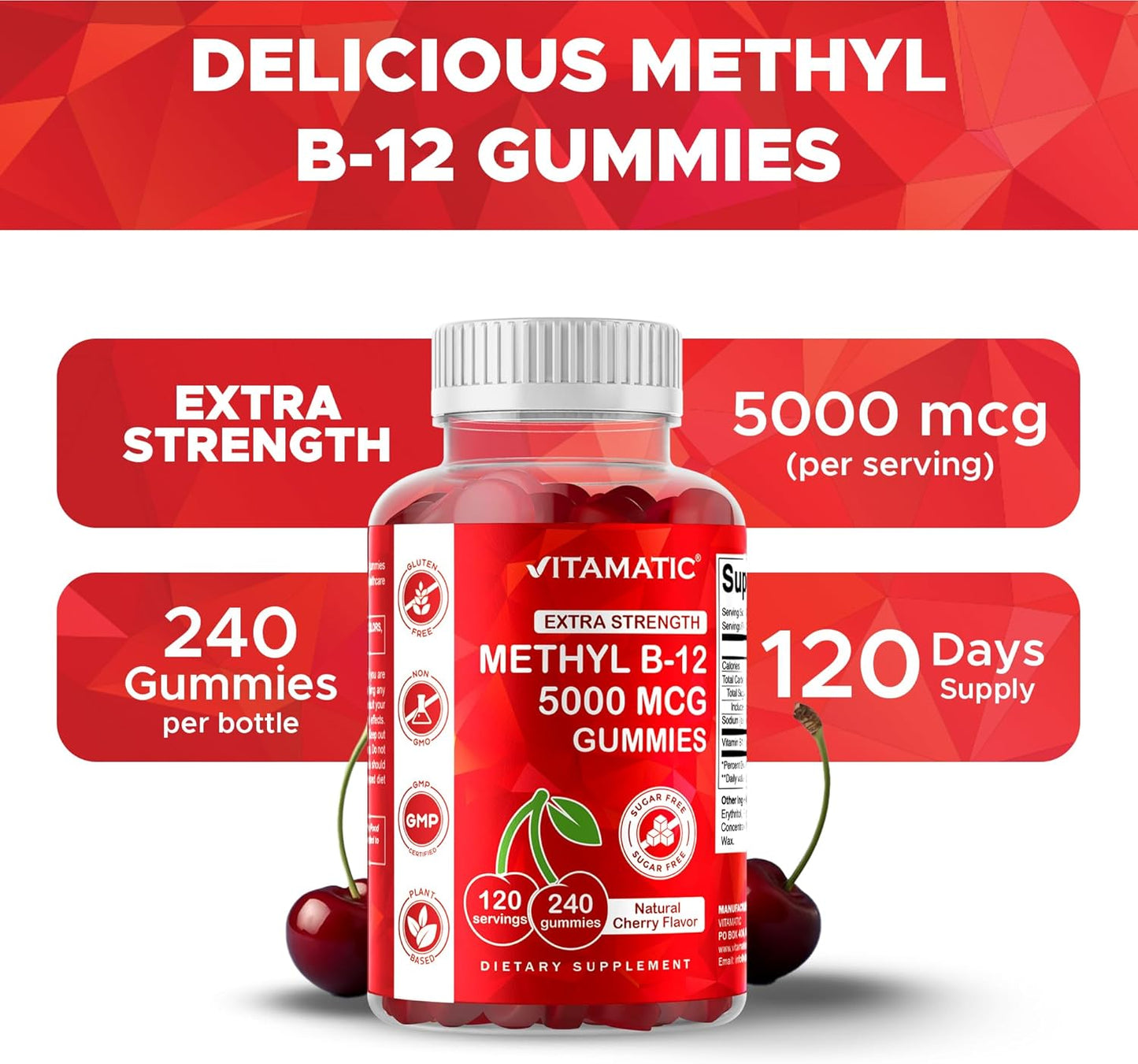 Vitamatic Extra Strength Vitamin B12 5000 mcg (Methyl B12) Gummies - 240 Count