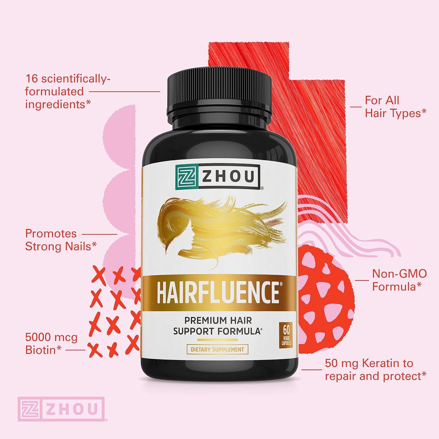 Zhou Hairfluence, Hair Growth Supplement with Biotin 60 Veg Caps