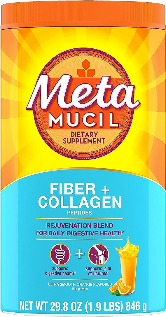 Metamucil Daily Fiber + Collagen, Psyllium Husk Powder, Sugar-Free with , Orange Flavored, 90 Doses