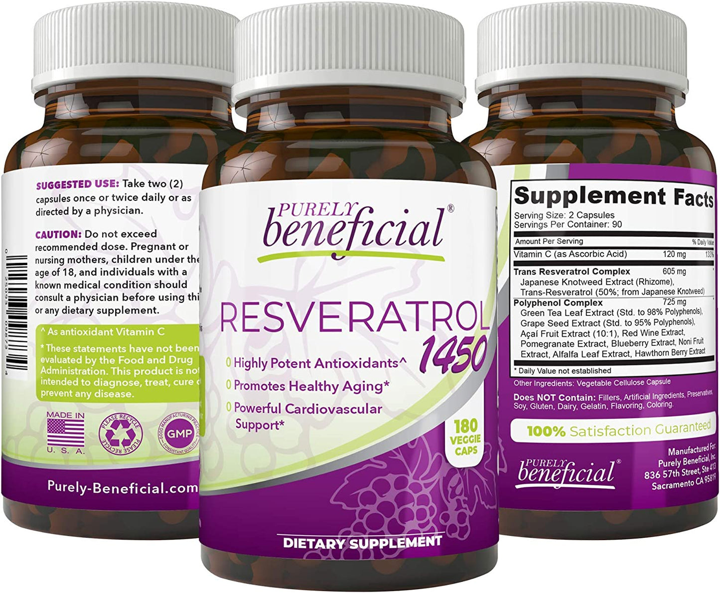 PURELY beneficial RESVERATROL1450-90day Supply, 1450mg per Serving of Potent Antioxidant