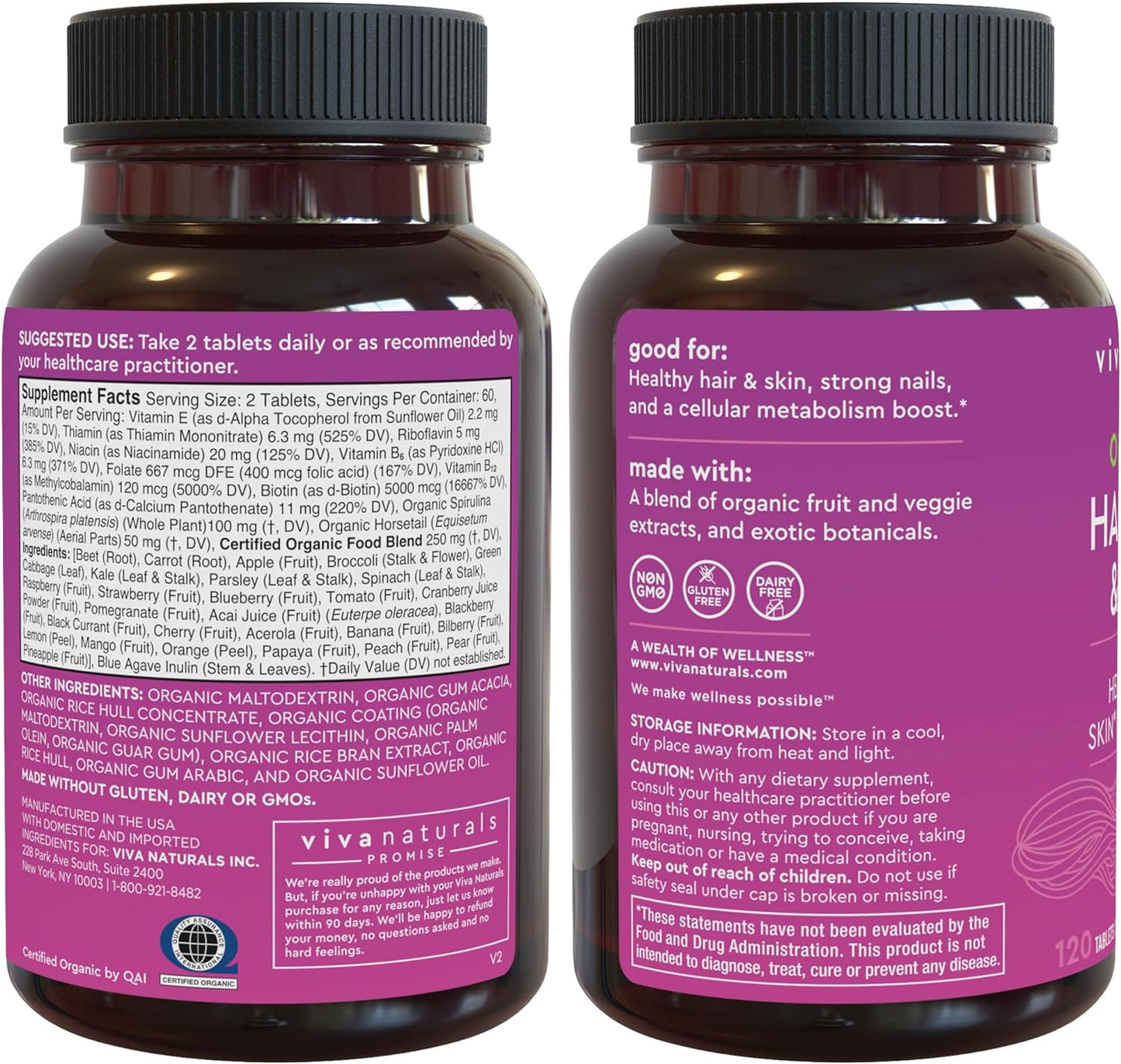 Organic Biotin Vitamins For Hair Skin and Nails Health Support - 120 Biotin Supplement