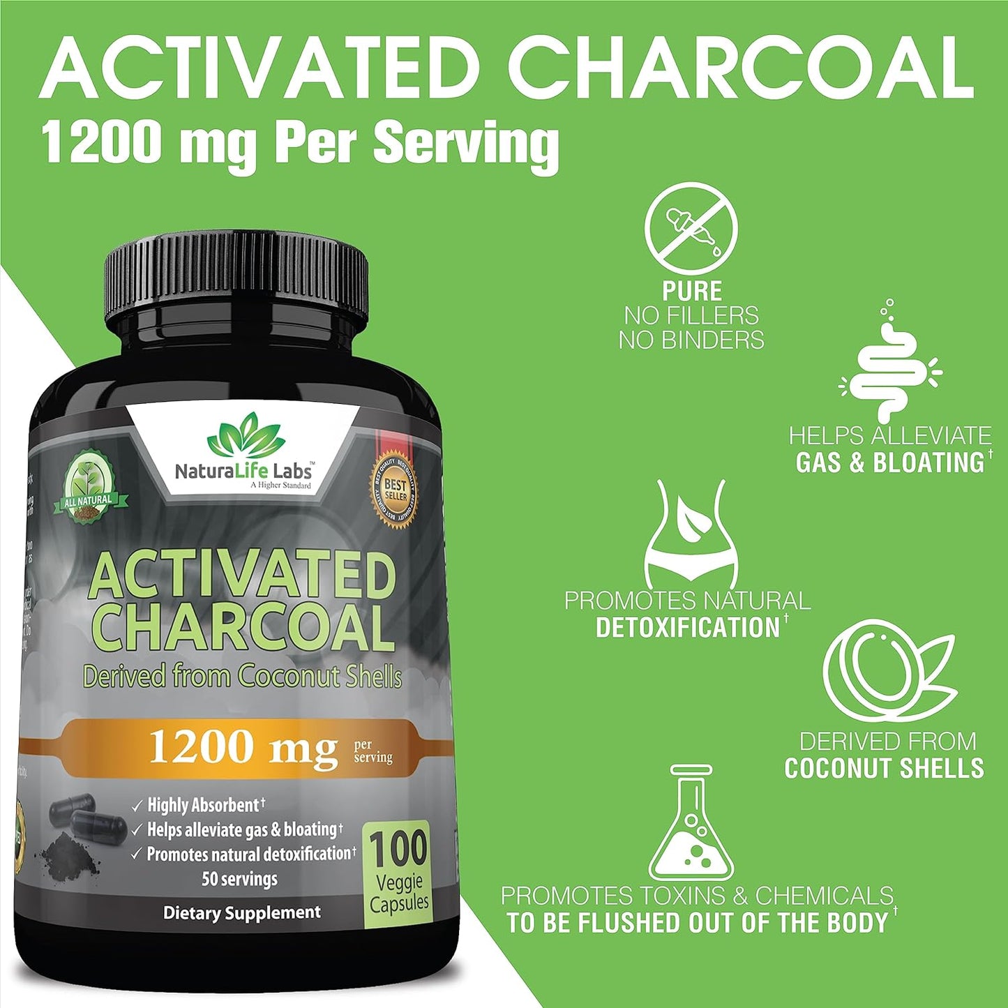 Activated Charcoal Capsules - Highly Absorbent 100 Vegan Capsules