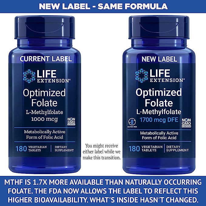 Life Extension Optimized Folate, L-Methylfolate 5-MTHF 180 Veg Tablets.