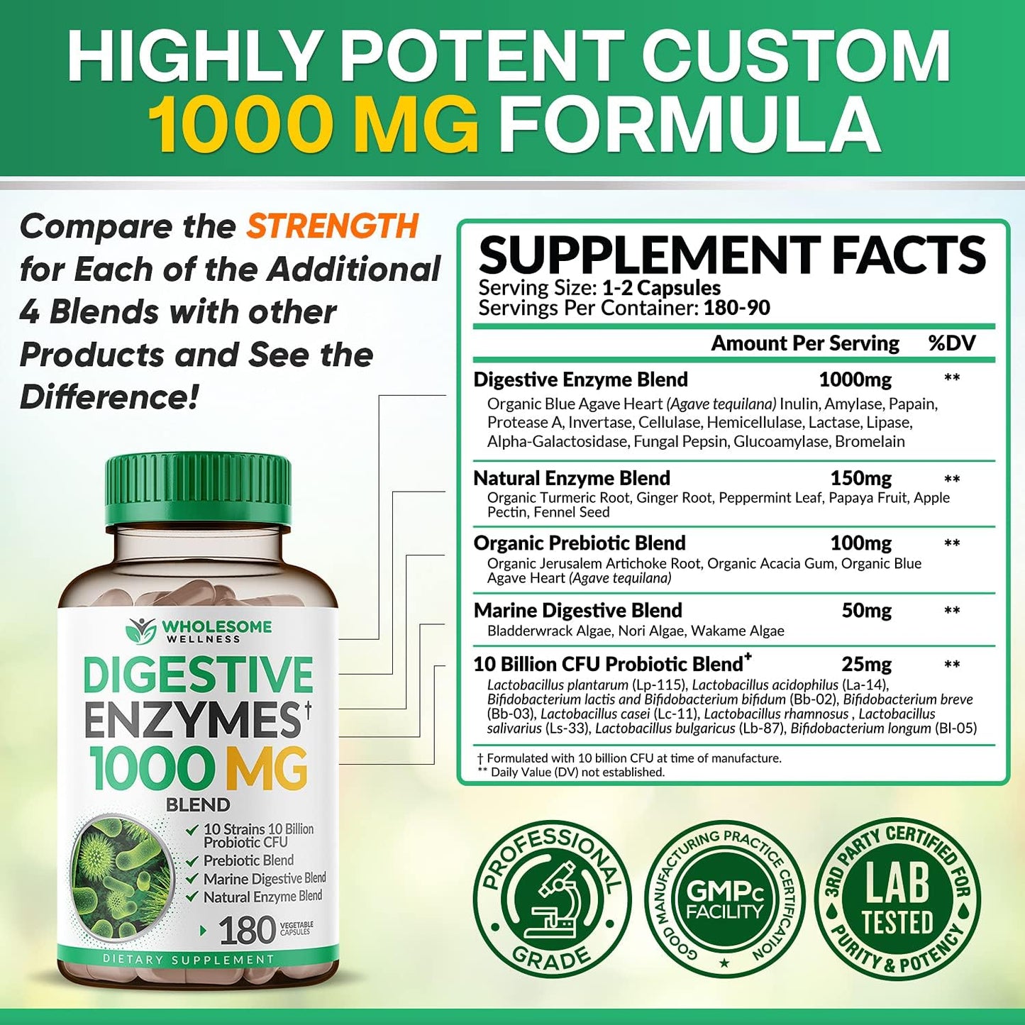 Wholesome Wellness Digestive Enzymes Prebiotics & Probiotics Supplement 180 count