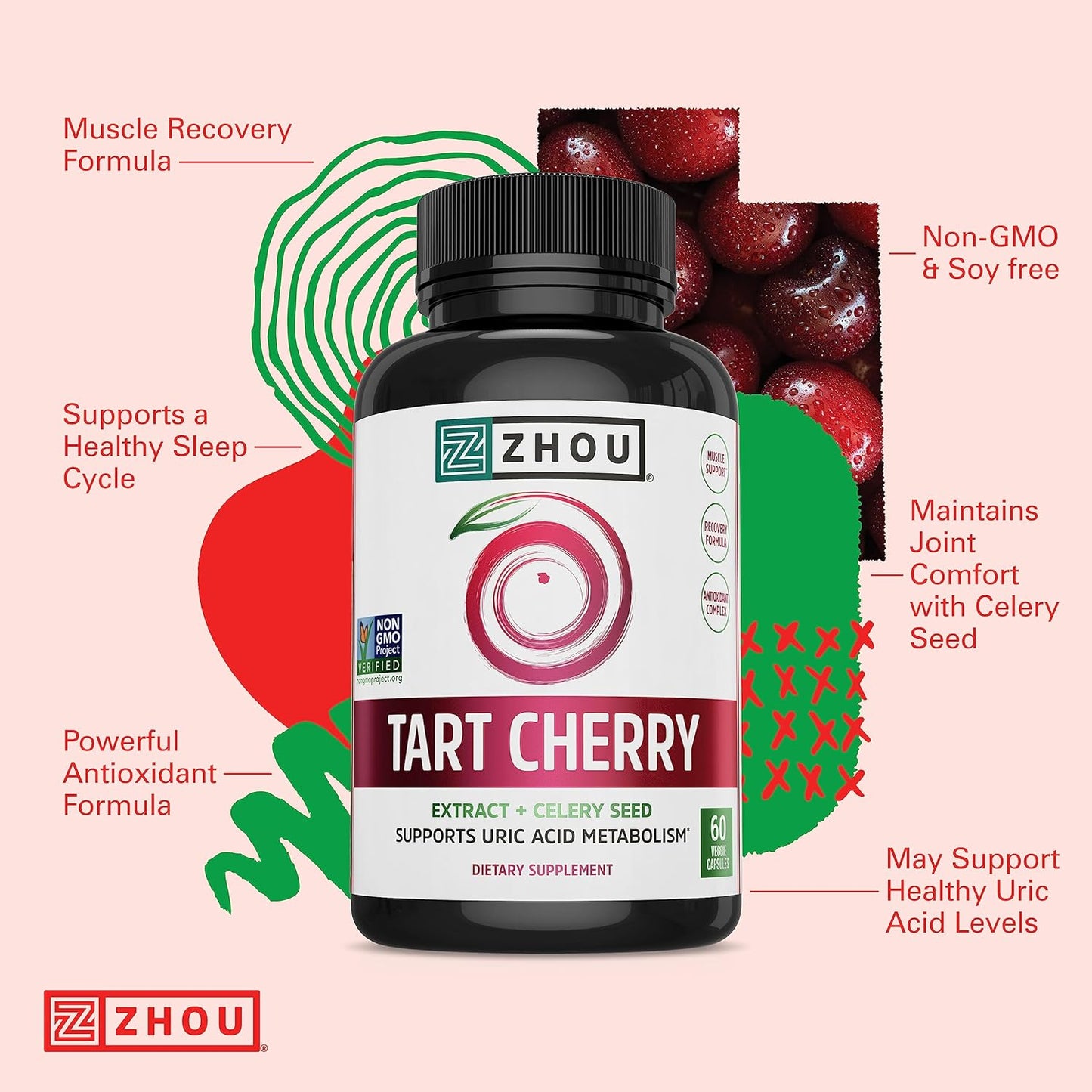 Zhou Tart Cherry Extract with Celery Seed Advanced Uric Acid 60 Veggie Caps