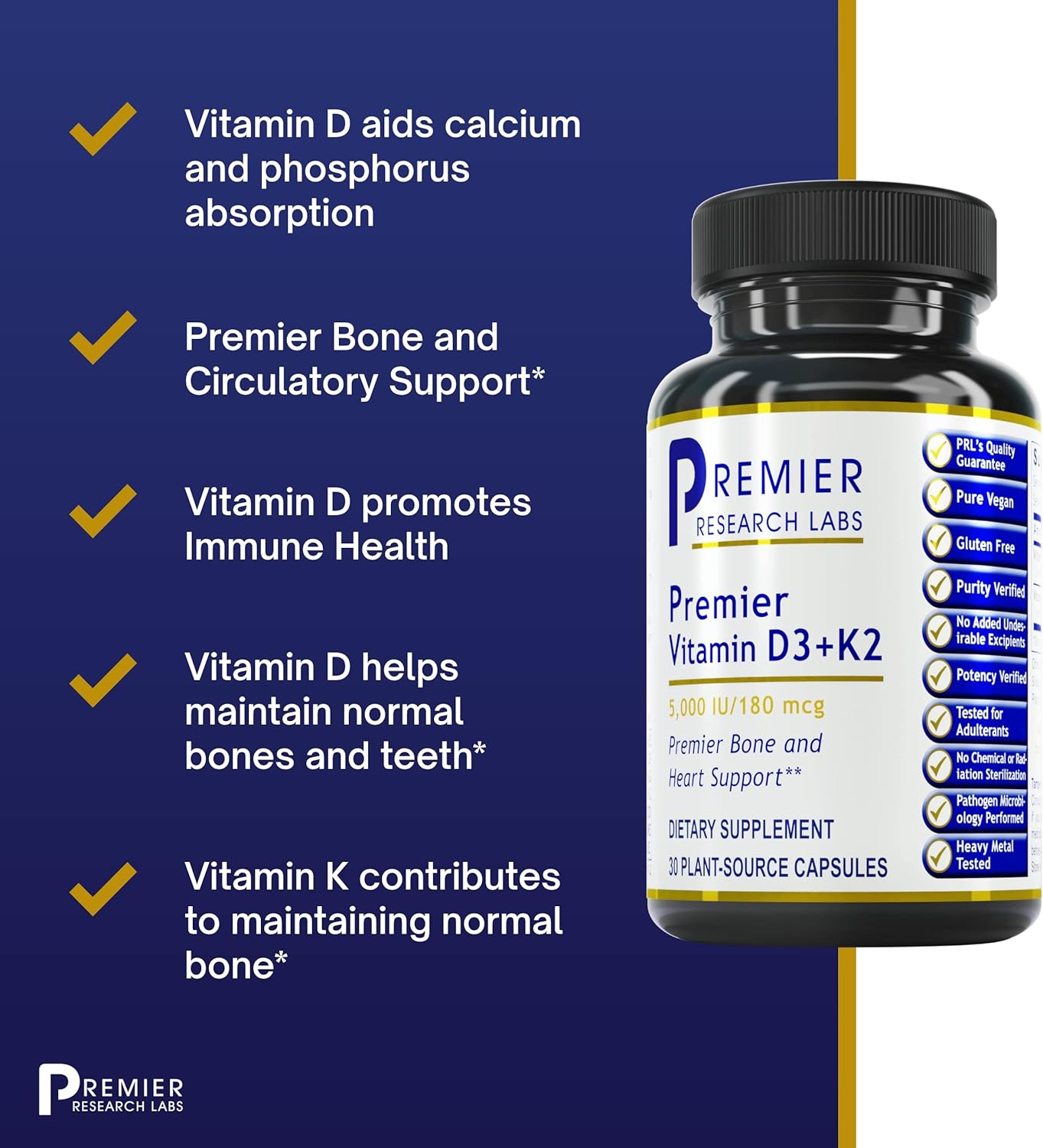 Premier Research Labs: Vitamin D3 + K2 Supplements -30 Plant-Source Based Capsules