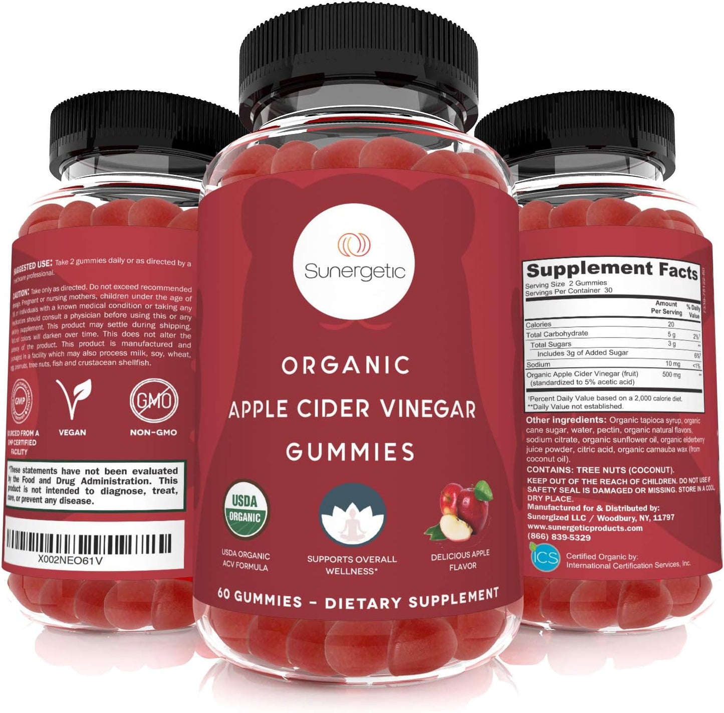 Sunergetic USDA Organic Apple Cider Vinegar Gummies with The Mother -60 gummies