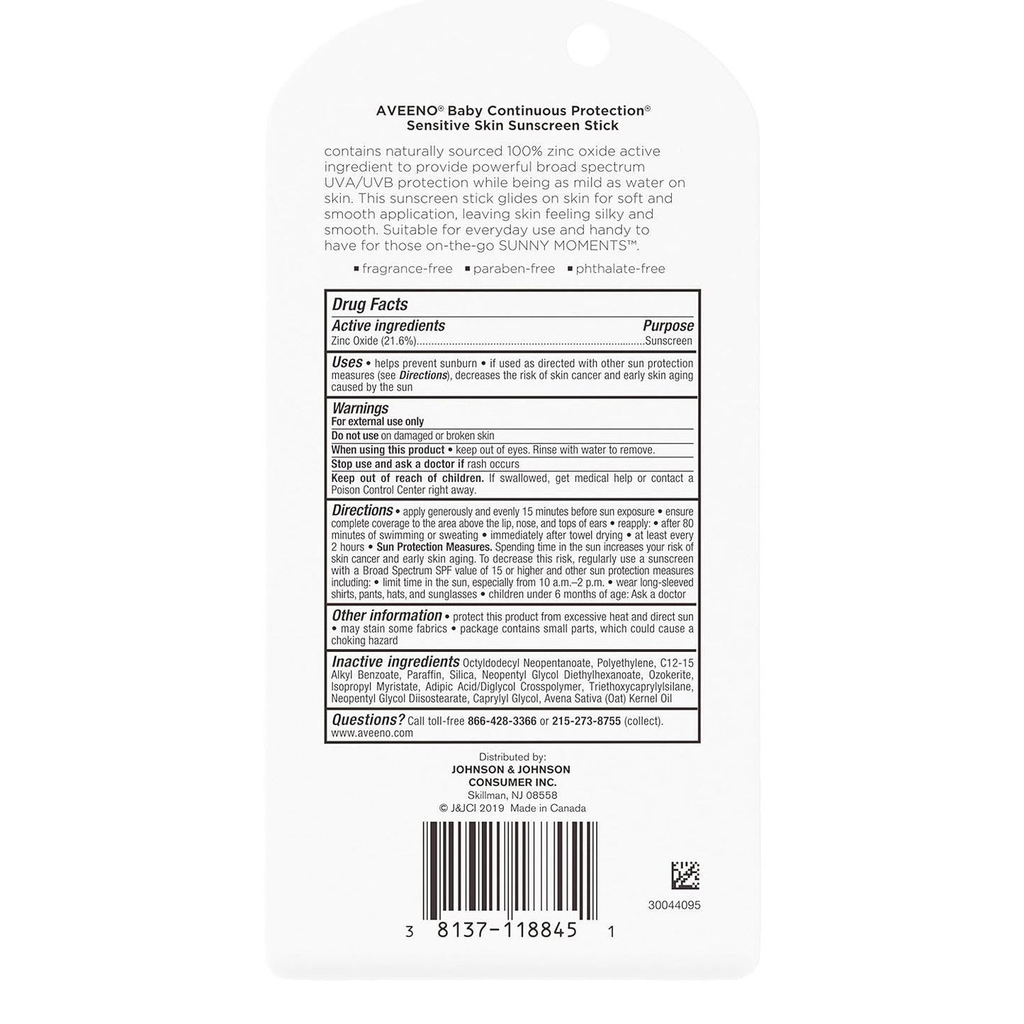 Aveeno Baby Continuous Protection Mineral Sunscreen Stick for Sensitive Skin, 0.47 oz