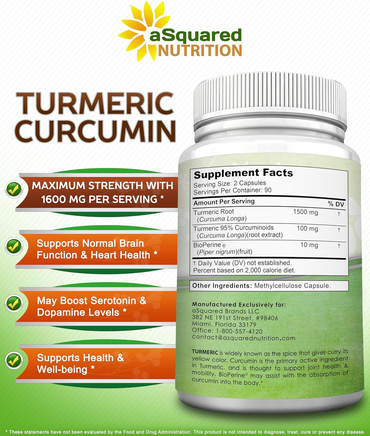 aSquared Nutrition Turmeric Curcumin with BioPerine Black Pepper Extract - 180 Capsules
