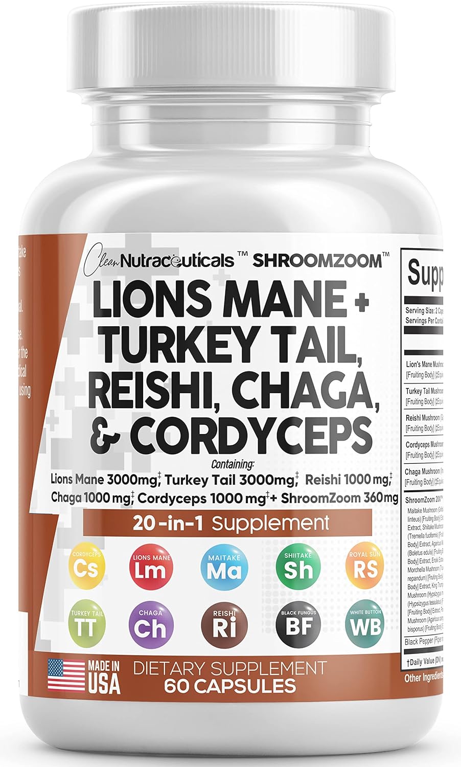 Lions Mane Mushroom with Turkey Tail Reishi Cordyceps 60 Count