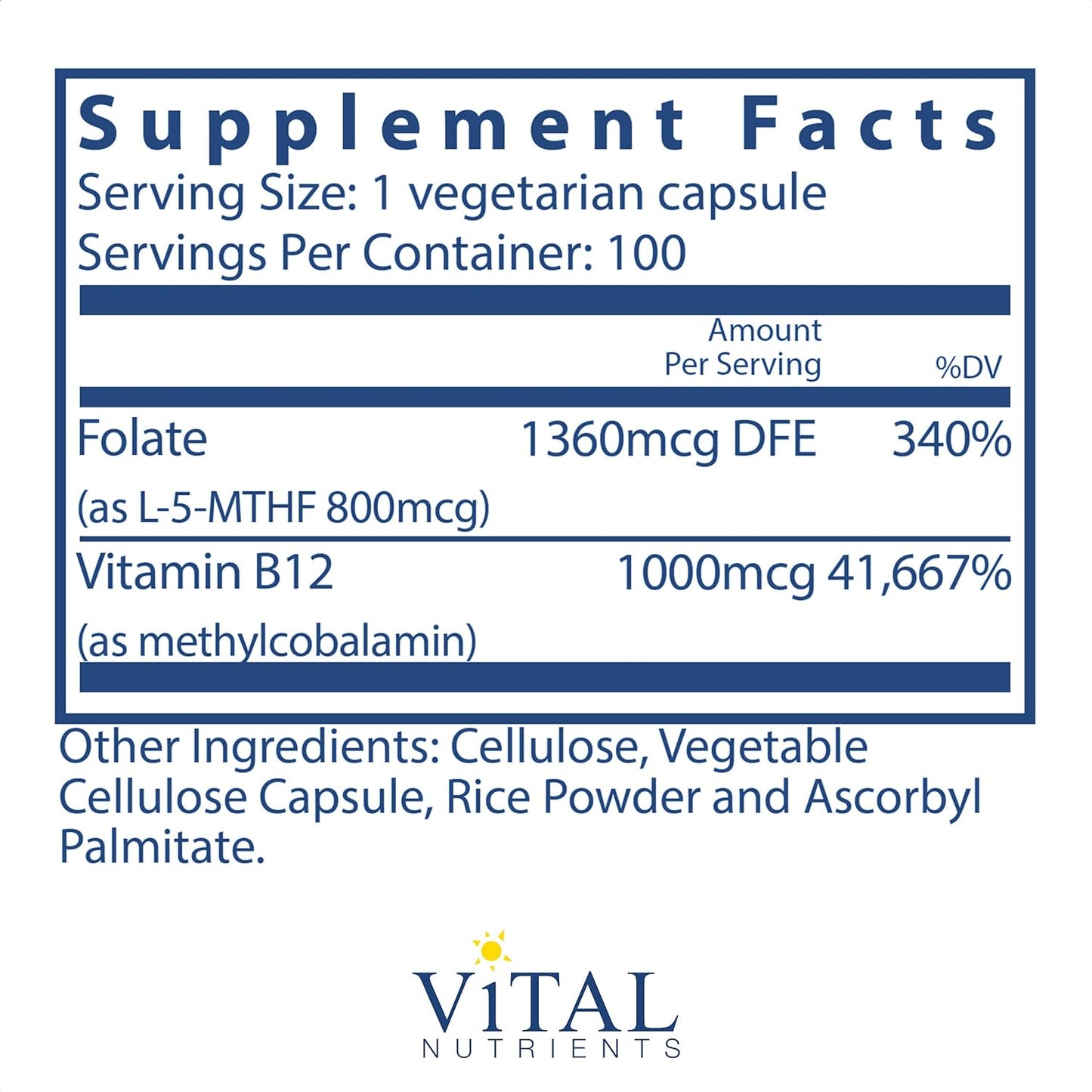 Vital Nutrients Vitamin B12 and Methyl Folate 100 Capsules