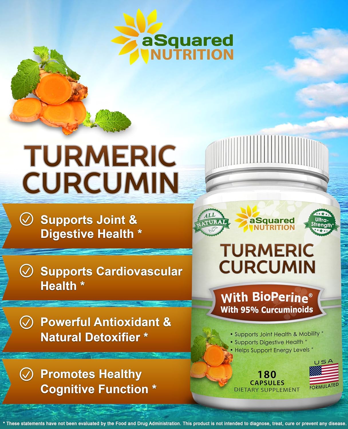 aSquared Nutrition Turmeric Curcumin with BioPerine Black Pepper Extract - 180 Capsules