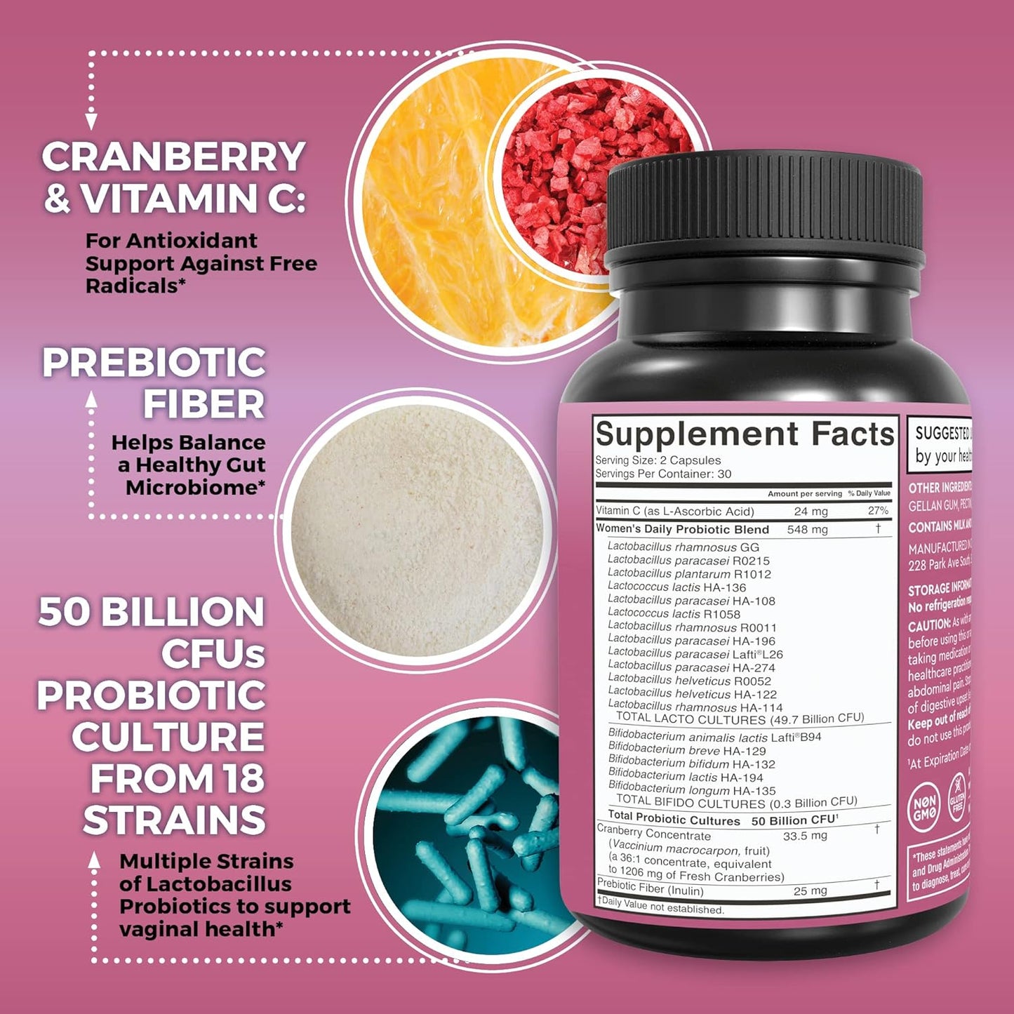 Womens Probiotics For Gut Health With Prebiotic Fiber, Cranberry and Vitamin C 60 count