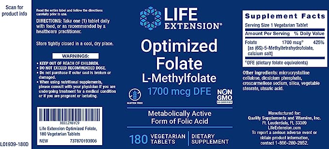 Life Extension Optimized Folate, L-Methylfolate 5-MTHF 180 Veg Tablets.