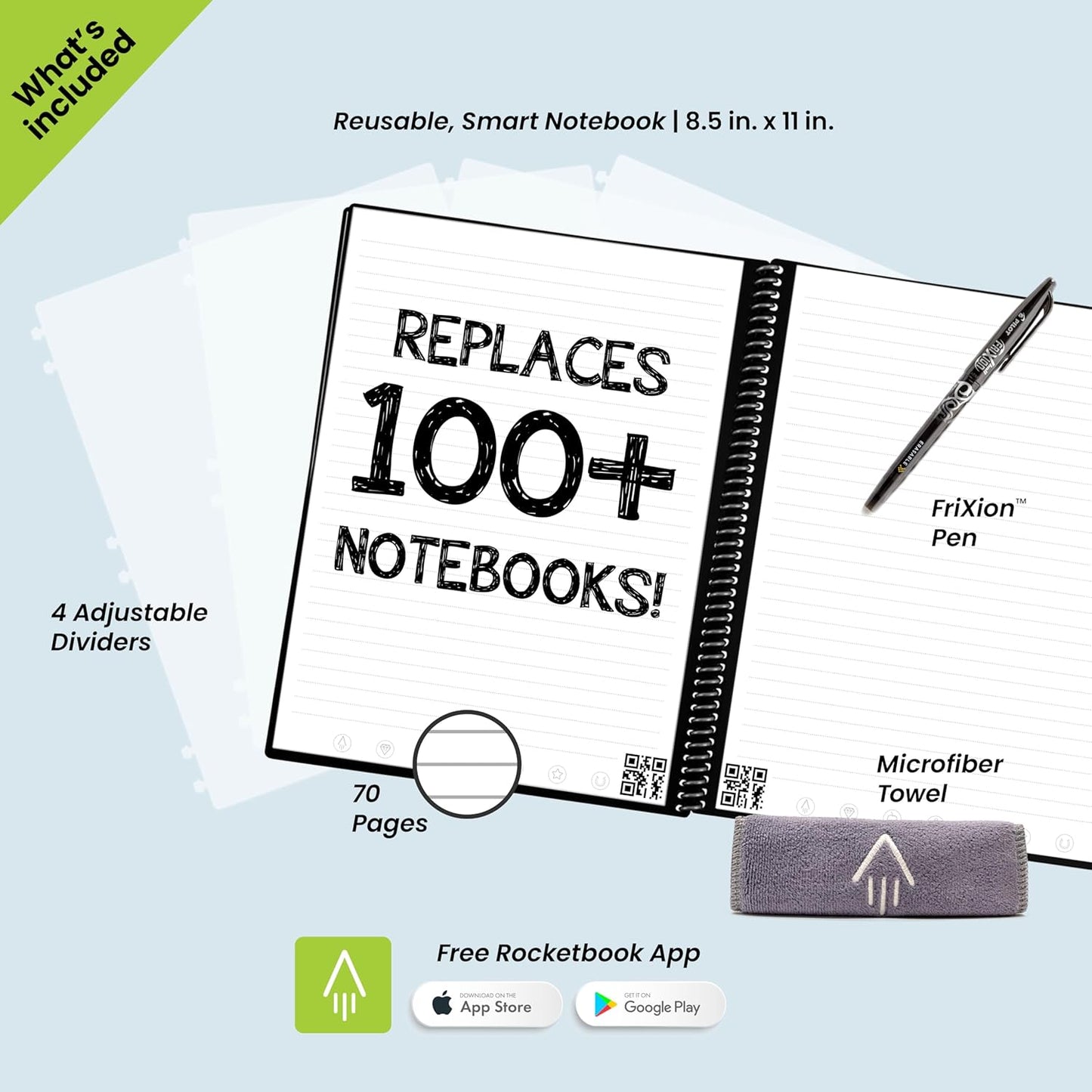Rocketbook Multi-Subject Reusable Smart Notebook Lined, 8.5” x 11”, 70 PG, Black, with Pen, Cloth, and App Included