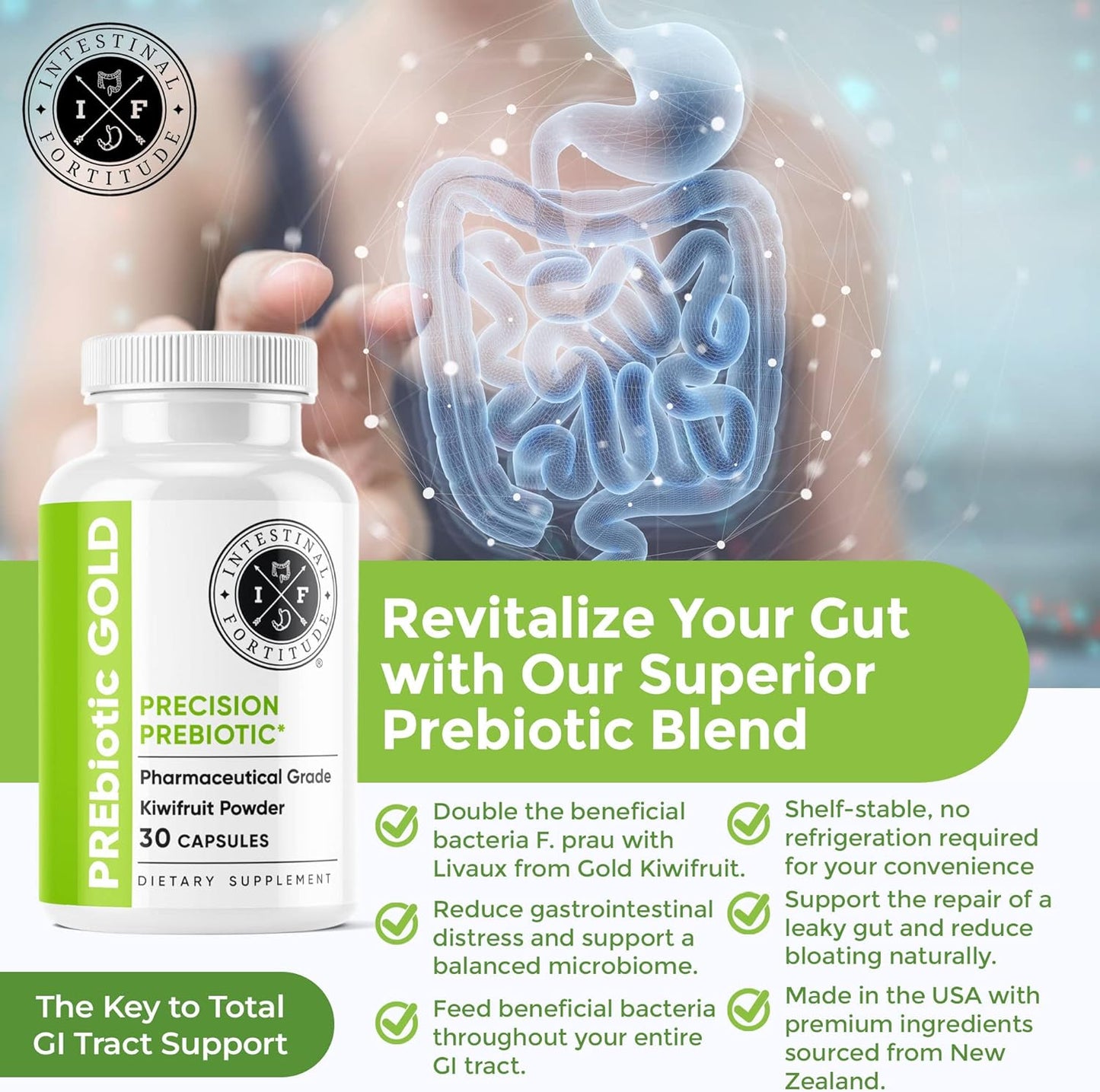 Intestinal Fortitude PREbiotic Gold: Kiwifruit Fiber, Butyrate & Prebiotic Restore Supplement to Support The Gut,Dairy-Free Capsules